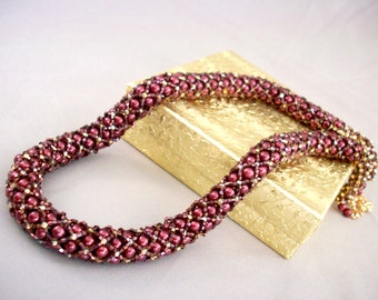 Gold and Burgundy Pearls Beadwoven Netted Rope Necklace