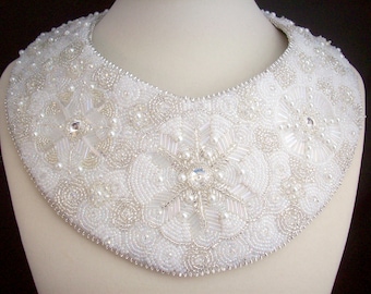 White and Silver Snowflakes Bib Necklace Bead Embroidered Collar