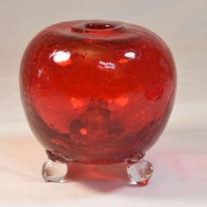 Ruby Red Crackle Glass Footed Apple Fruit Fly Trap Vase