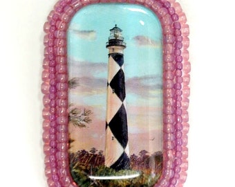 Cape Lookout Lighthouse Lilac Opal Bead Embroidered Brooch