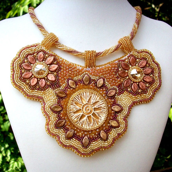 Golden Sun Bib Necklace Bead Embroidered Ray of Hope