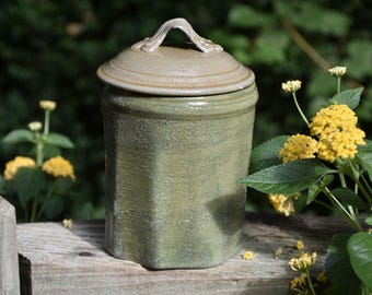 Vintage Vietri Rustic Olive Green Glazed Pottery Lidded Canister