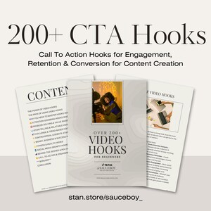 May include: A promotional image featuring three open booklets with the text "200+ CTA Hooks" and "Video Hooks for Beginners." The booklets have content lists and images. The image includes the website address stan.store/sauceboy_.
