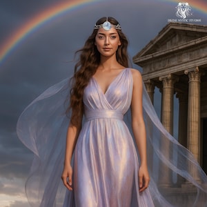 May include: A woman wearing a shimmering, lavender-colored gown with a V-neckline and a matching belt. She is adorned with a silver headpiece featuring a large, round gemstone. A sheer, flowing cape drapes from her shoulders. A rainbow arcs across the cloudy sky.