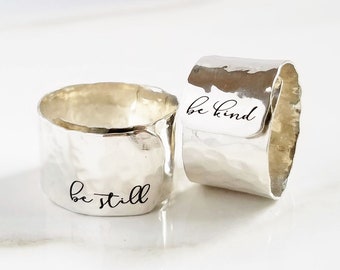 Handmade in USA . Sterling Silver Adjustable Ring . Personalized Name Ring . Hammered 1/2" Wide Band . TatumBradleyCo .925