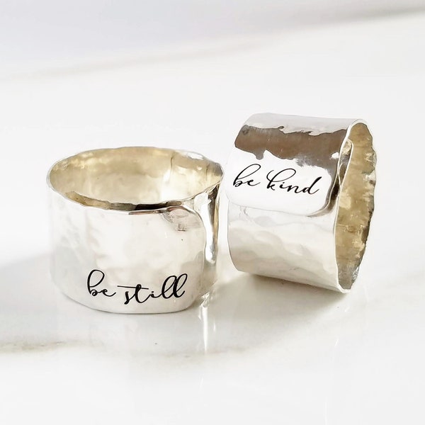 Handmade in USA . Sterling Silver Adjustable Ring . Personalized Name Ring . Hammered 1/2" Wide Band . TatumBradleyCo .925