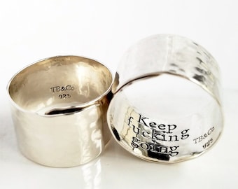 Keep F**king Going Ring . Wide Sterling Silver Secret Message Thumb Ring . 1/2" Wide Silver Band Ring . Gift for Her . Keep Going