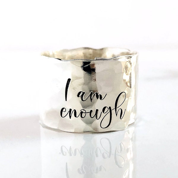 I Am Enough Ring . 1/2" Sterling Silver Adjustable I am Enough .925 Ring . Wide Silver Band Thumb Ring . Gift for Her . TatumBradleyCo