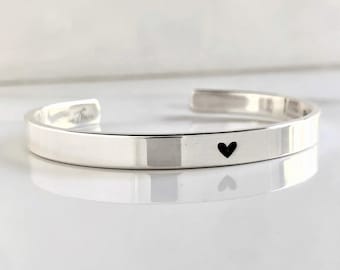 Secret Message Cuff Bracelet . 1/4" Solid Sterling .925 Silver Bracelet . Heart Bracelet . Gift for Her . Simple Heart Hidden Message