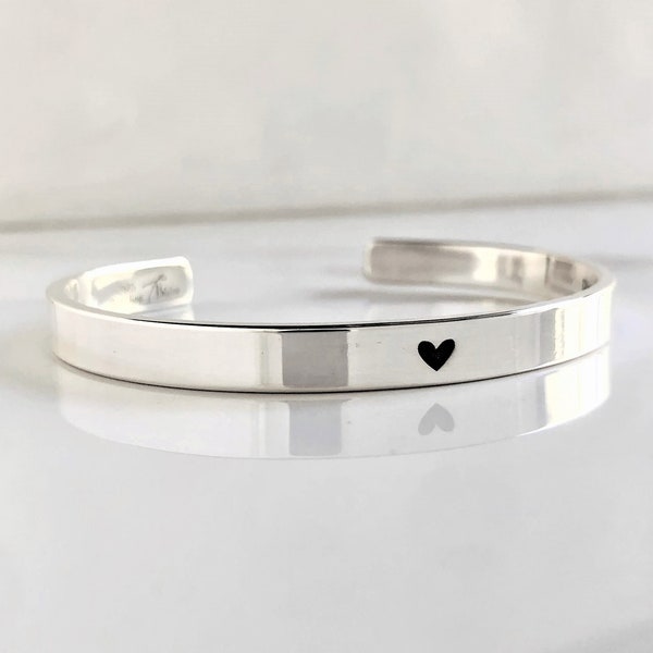 Secret Message Cuff Bracelet . 1/4" Solid Sterling .925 Silver Bracelet . Heart Bracelet . Gift for Her . Simple Heart Hidden Message