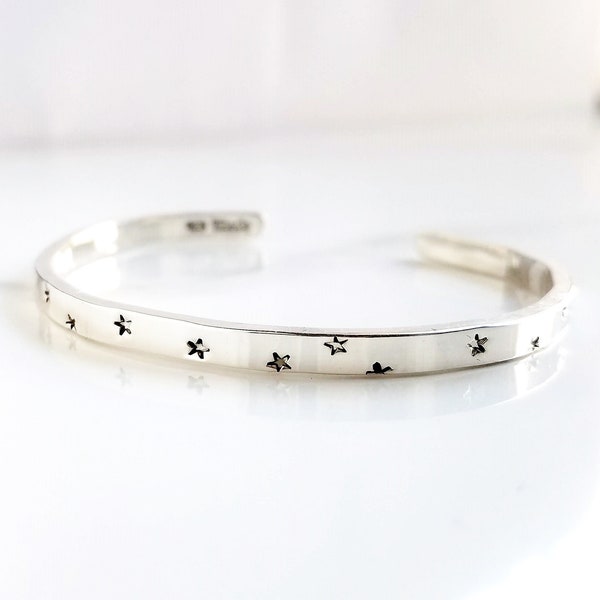 5.5"-7.5" Hand Stamped Sterling Silver Star Bracelet .  .925 Star Cuff Bracelet . Tatum Bradley Star Cuff . Moon & Stars Jewelry