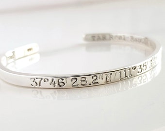 Sterling Silver Coordinates Bracelet . 6" or 7"  Latitude and Longitude Jewelry . Anniversary Gift for Her . Hand Stamped Bracelet