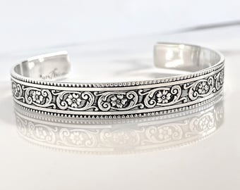 Secret Message Bracelet . Floral Embossed Cuff Jewelry . Solid Sterling Silver . Mother of the Bride / Mother of the Groom Cuff Bracelet
