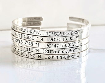 Thin Coordinates Bracelet . 5.5"-7 " Thin Stacking Cuff Latitude Longitude Bracelet . Gift for Him . Tatum Bradley