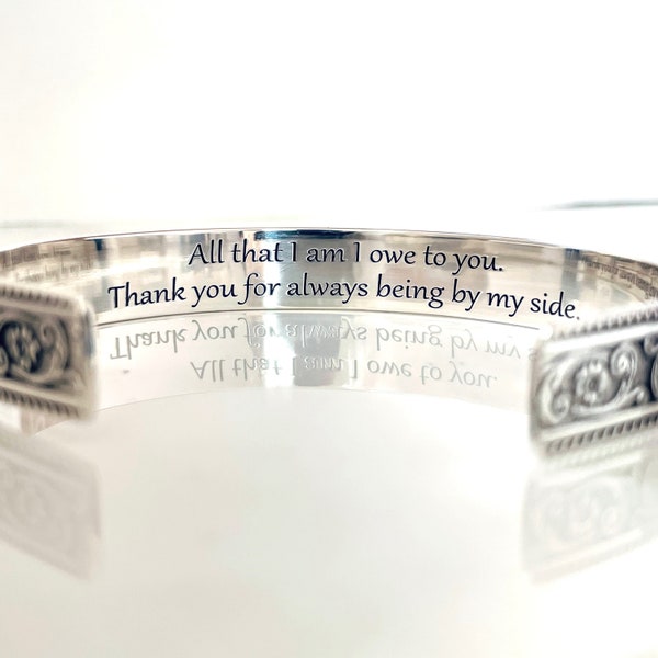 Mother of the Bride / Mother of the Groom Cuff Gift . Secret Message Bracelet . Floral Embossed Cuff Jewelry . Solid Sterling Silver