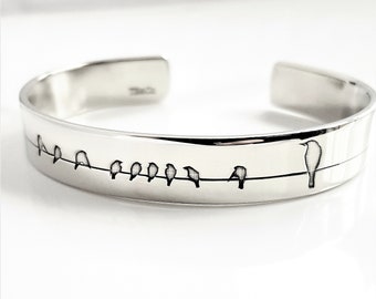 Birds On A Wire Cuff Bracelet . Wide Sterling 3/8&quot; Design Your Own Bracelet . Solid Sterling Silver Cuff Bracelet . Personalized Bracelet