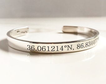 5.5"-7.5" Sterling Silver Coordinates Cuff Bracelet . Latitude Longitude Jewelry . Personalized GPS Jewelry . Tatum Bradley