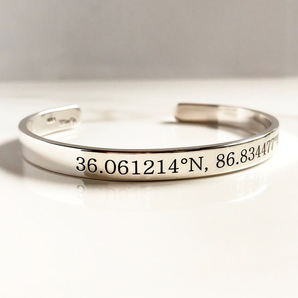 5.5"-7.5" Sterling Silver Coordinates Cuff Bracelet . Latitude Longitude Jewelry . Personalized GPS Jewelry . Tatum Bradley