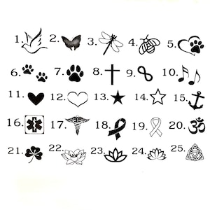 May include: A collection of 25 black line art designs, including a dove, butterfly, dragonfly, bee, paw print heart, paw prints, cross, infinity symbol, musical notes, heart, star, anchor, medical symbol, awareness ribbons, and lotus flowers.