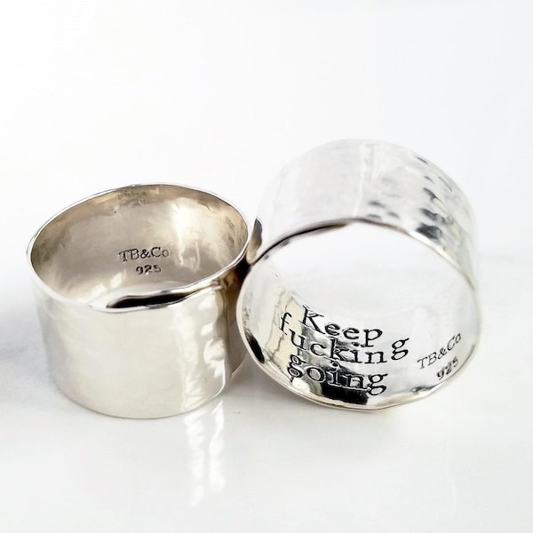 Keep F**king Going Ring . Wide Sterling Silver Secret Message Thumb Ring . 1/2" Wide Silver Band Ring . Gift for Her . Keep Going