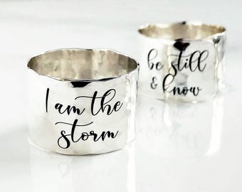 2 Line Personalized Sterling Silver Ring . 1/2" Adjustable . Solid Silver Hammered Wide Band Ring . Made in USA . TatumBradleyCo