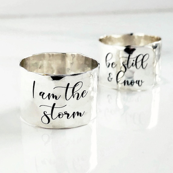 2 Line Personalized Sterling Silver Ring . 1/2" Adjustable . Solid Silver Hammered Wide Band Ring . Made in USA . TatumBradleyCo
