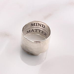 1/2&quot; Mind over Matter Adjustable Ring . Wide Solid .925 Sterling Silver Secret Message Ring . Wide Silver Band Ring . Gift for Her