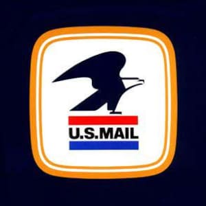 May include: A square logo with a white background and an orange border. The logo features a stylized dark blue eagle above red and blue stripes, with the text "U.S. MAIL" in black.
