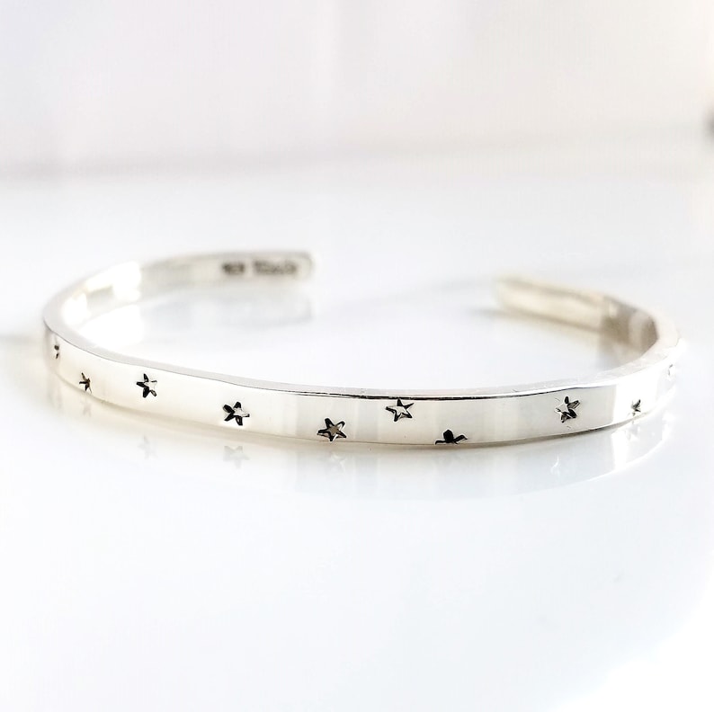 5.57.5 Hand Stamped Sterling Silver Star Bracelet . .925 Star Cuff Bracelet . Tatum Bradley Star Cuff . Moon & Stars Jewelry image 1