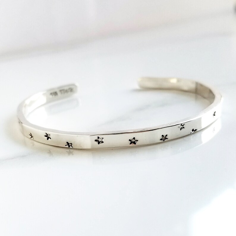 5.57.5 Hand Stamped Sterling Silver Star Bracelet . .925 Star Cuff Bracelet . Tatum Bradley Star Cuff . Moon & Stars Jewelry image 5