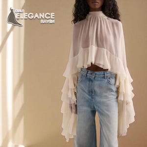 Loose Sheer Blouse | Ruffle Folds Blouse | Long Sleeve Blouse | Women Stylish Clothing | Gift for Her