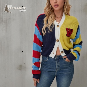 Women&#39;s Patchwork Knitted Cardigan | Cropped V-Neck Button Up Sweater | Y2K Streetwear Casual Jacket | Trendy Layered Chic Fashion