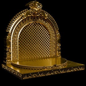 May include: A gold-colored ornate pedestal with a decorative archway and a platform. The archway features a lattice design and the pedestal has intricate details.
