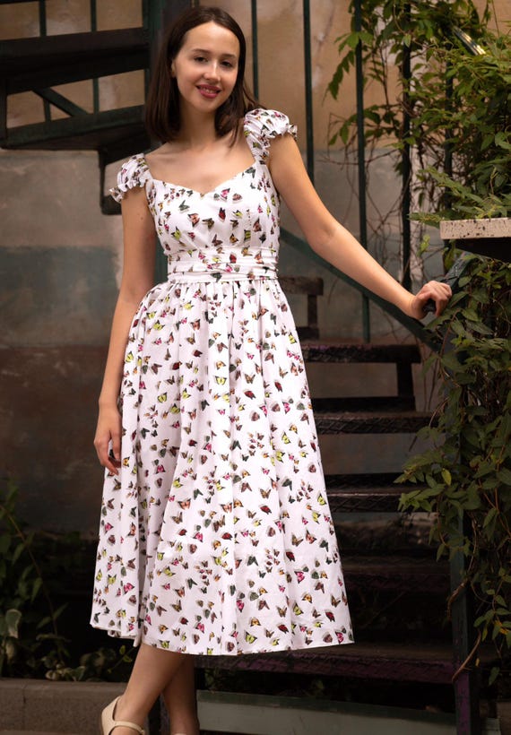 Colette Organic Cotton Midi Dress: Butterfly Print Summer Sundress, Custom Made