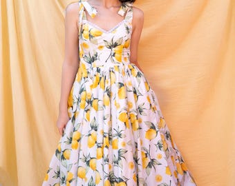 Lemon Print Organic Cotton Midi Dress: Vintage Style Smocked Summer Dress, Custom Made