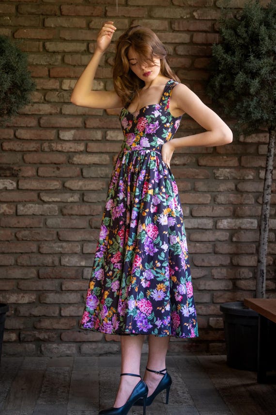 Colette Floral Print Midi Dress: Organic Cotton Summer Sundress, Custom Fit
