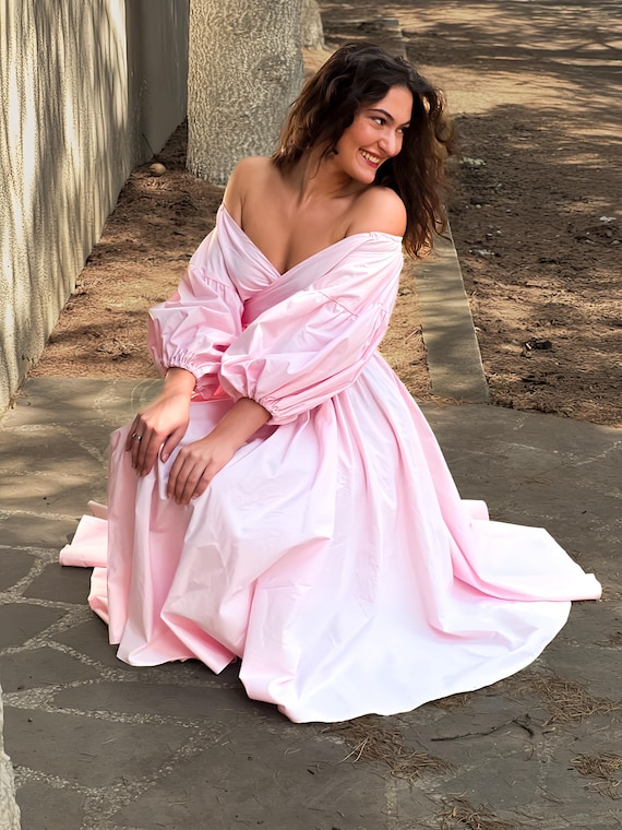 Handmade Midi Wrap Dress Organic Cotton Midi Dress Puff Sleeve