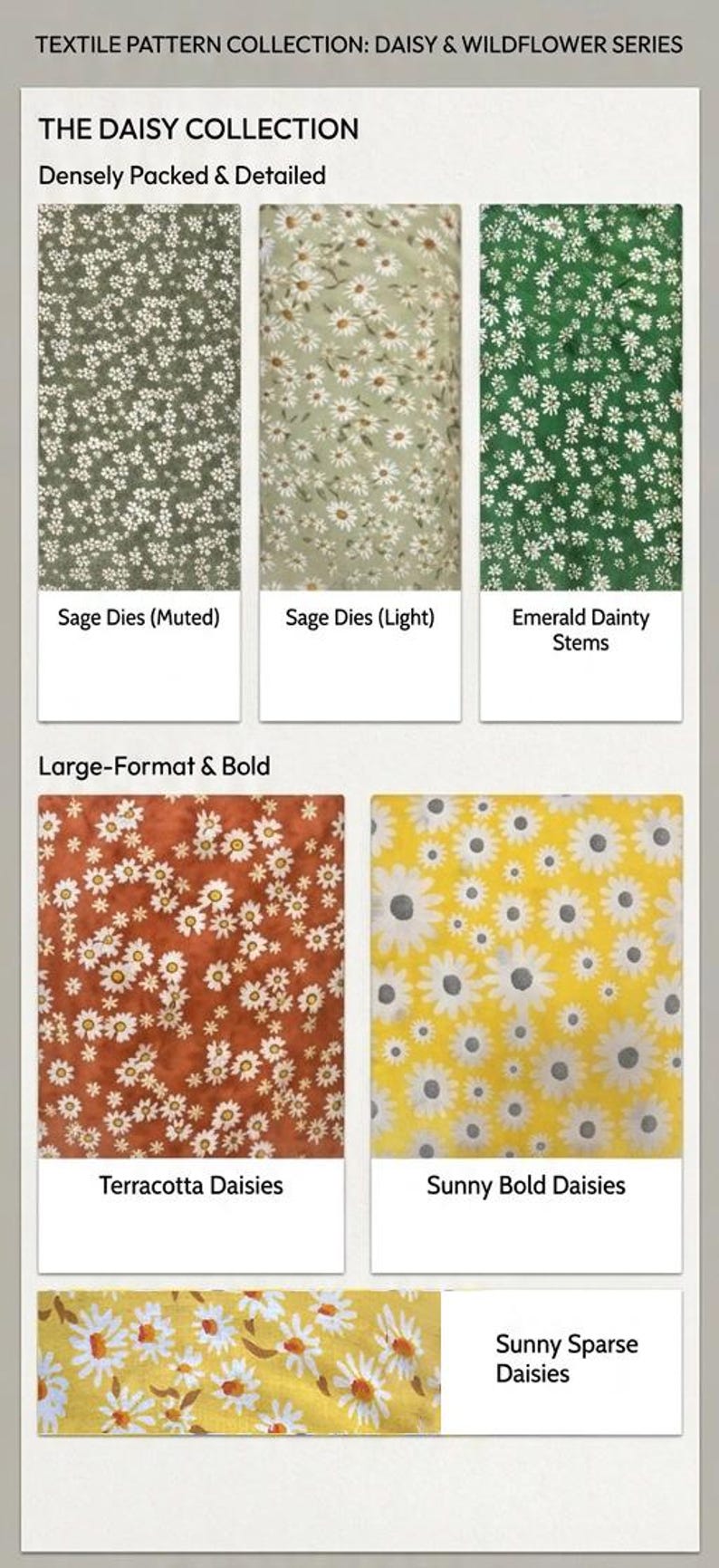 Pode incluir: Uma cole&ccedil;&atilde;o de padr&otilde;es t&ecirc;xteis com tema de margaridas. Os desenhos incluem arranjos florais densos e arrojados em v&aacute;rias cores. O texto na imagem diz "THE DAISY COLLECTION" e "DAISY & WILDFLOWER SERIES".
