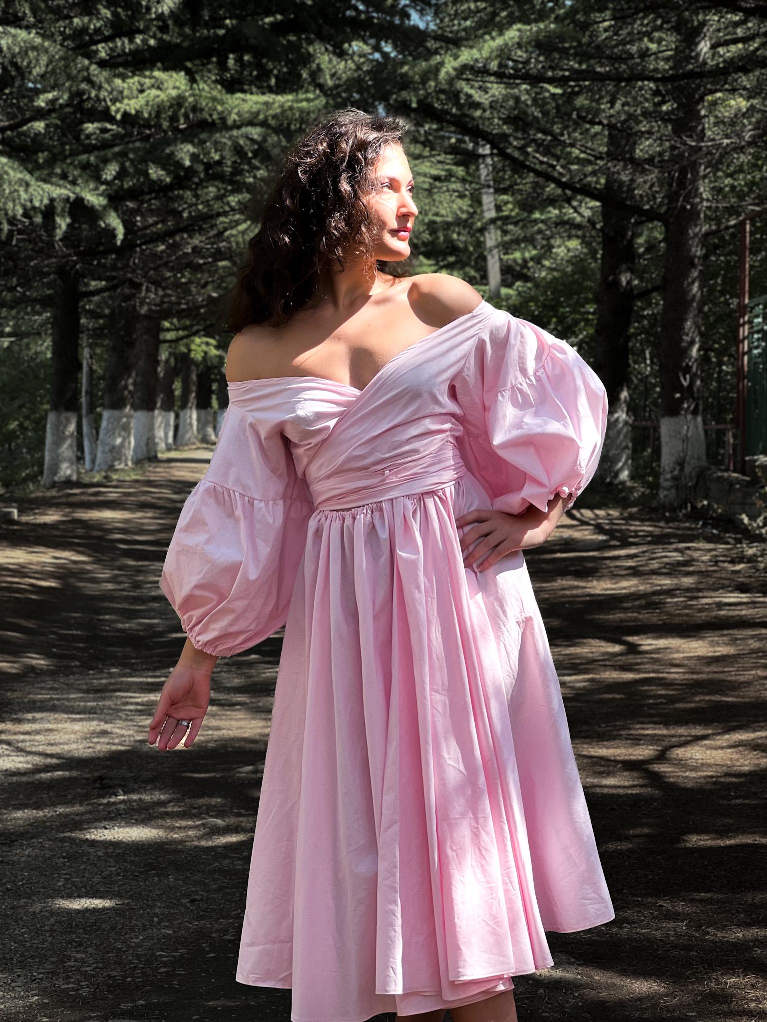 Organic Cotton Midi Wrap Dress - Blush Pink, Grand Puff Sleeve, Wedding Guest