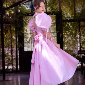 Blush Pink Heart Back Midi Dress: Organic Cotton Puff Sleeve Bow Detail image 3