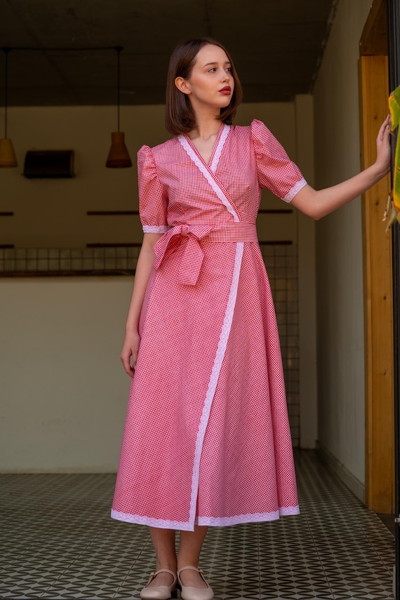 Red Gingham Organic Cotton Wrap Dress | Vintage Style Lace Trim Red Gingham Organic Cotton Wrap Dress | Vintage Style Lace Trim