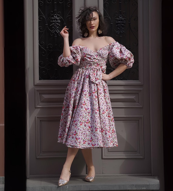 Handmade Floral Midi Wrap Dress: Organic Cotton Off-Shoulder Puff Sleeve, Custom Size