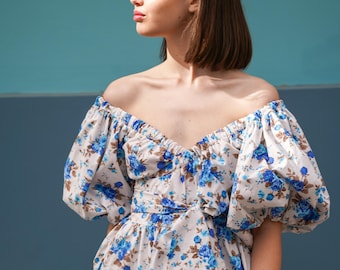 Colette Floral Off-Shoulder Midi Dress: Organic Cotton, Puff Sleeve, Custom Made