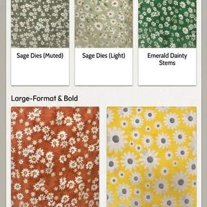 Op de afbeelding: Een collectie van textielpatronen met madeliefjes. De ontwerpen omvatten dicht opeengepakte en gedurfde bloemarrangementen in verschillende kleuren. De tekst op de afbeelding luidt "THE DAISY COLLECTION" en "DAISY & WILDFLOWER SERIES".