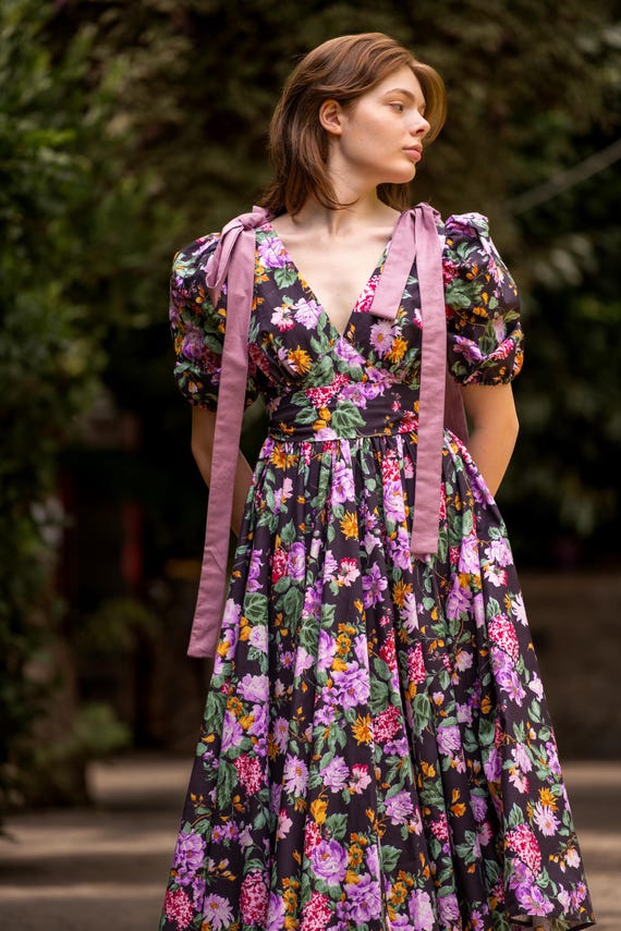 Colette Floral Midi Wedding Guest Summer Dress: Organic Cotton V-Neck Sundress, Custom Made