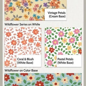 Op de afbeelding: Een afbeelding met de "Wildflower Collection" met retro accenten. Het toont bloempatronen: "Vintage Petals" op een cr&egrave;mekleurige basis, "Coral & Blush" op wit, "Pastel Petals" op wit en "Scarlet Sprays" op een hemelsblauwe basis. De ontwerpen bevatten diverse kleurrijke bloemen.