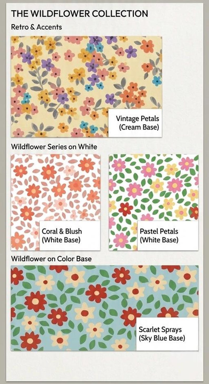 Op de afbeelding: Een afbeelding met de "Wildflower Collection" met retro accenten. Het toont bloempatronen: "Vintage Petals" op een cr&egrave;mekleurige basis, "Coral & Blush" op wit, "Pastel Petals" op wit en "Scarlet Sprays" op een hemelsblauwe basis. De ontwerpen bevatten diverse kleurrijke bloemen.