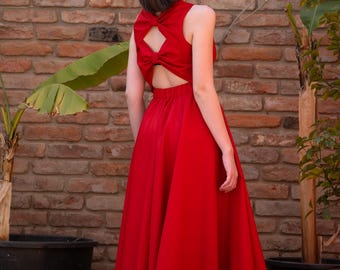 Organic Cotton Red Midi Dress: Vintage Style Bow Back Summer Dress, Custom Size