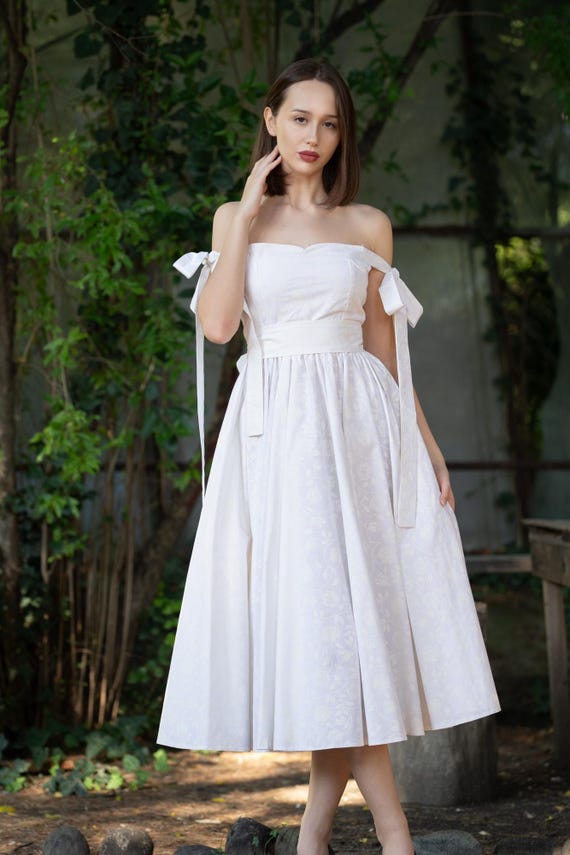 Colette Organic Cotton Off-Shoulder Wedding Dress * White Floral Damask Sundress, Custom Size