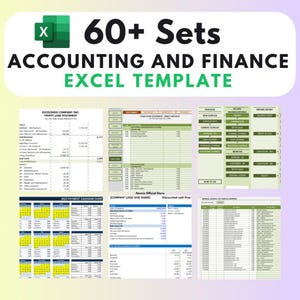Puede incluir: Un collage de seis hojas de cálculo de Excel con bordes verdes y blancos. Las hojas de cálculo contienen varias plantillas de contabilidad y finanzas, incluyendo un estado de resultados, un estado de flujo de efectivo, una orden de compra, un estado de ingresos, un balance general y un calendario de pagos. El título del collage es "60+ Conjuntos Plantilla de Excel de Contabilidad y Finanzas".